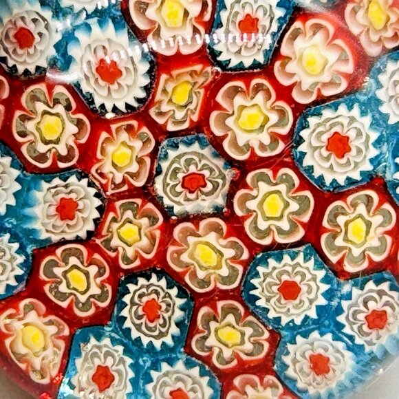 Millefiori Thousand Flowers Glass Paperweight 2 inch Red Blue Floral - Picture 3 of 6